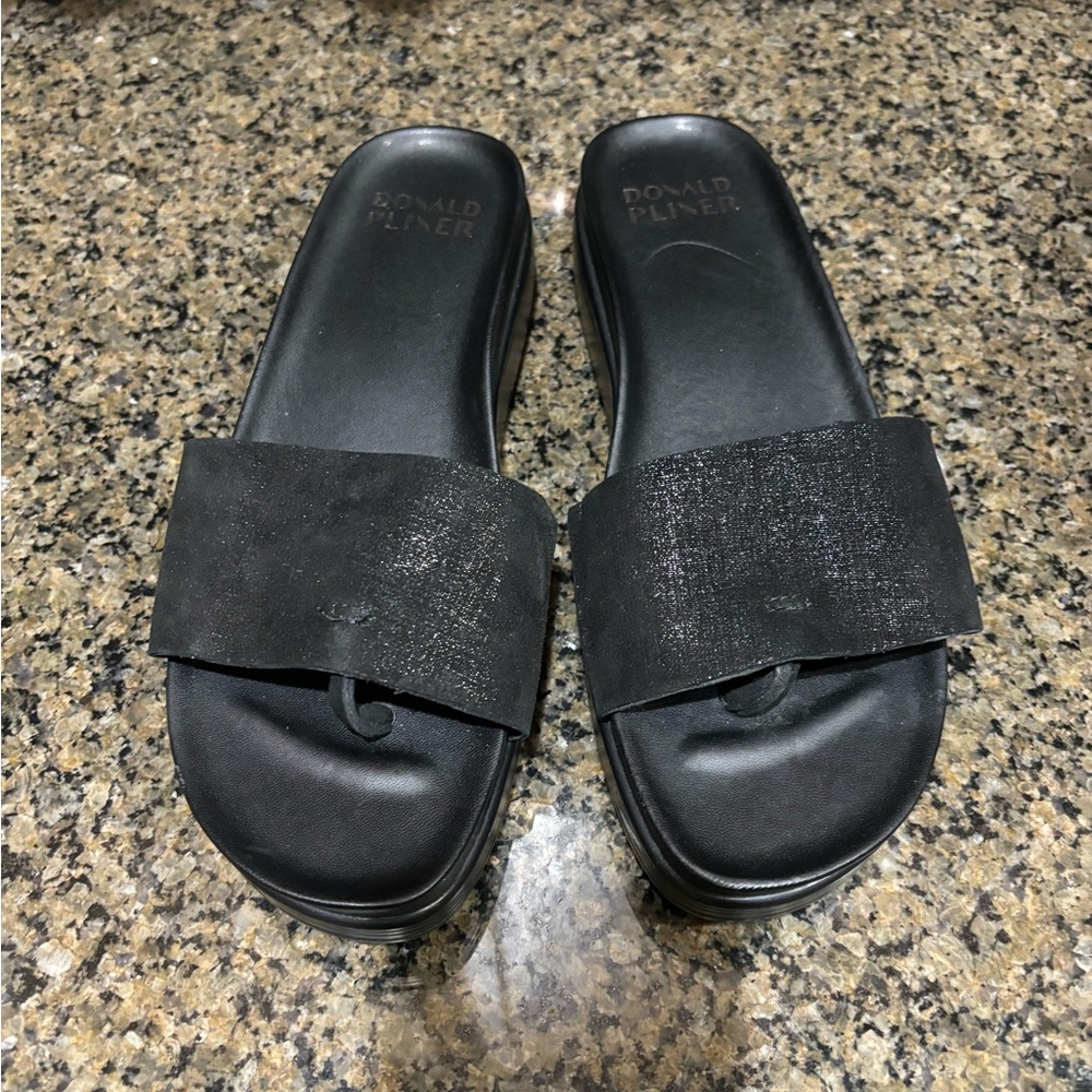 Donald J. Pliner Black Wide Strap Slide Mules